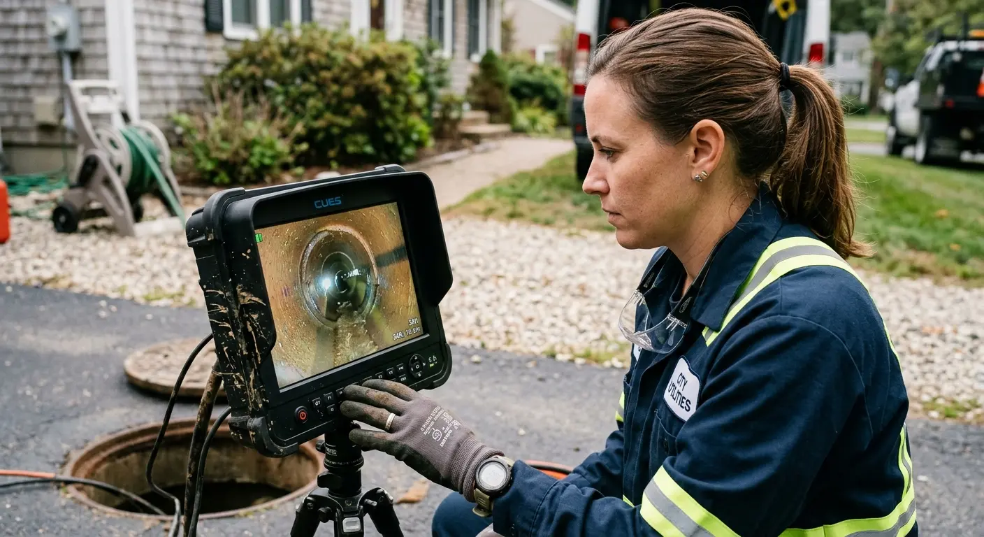 Technician reviewing sewer camera inspection footage in Oregon
