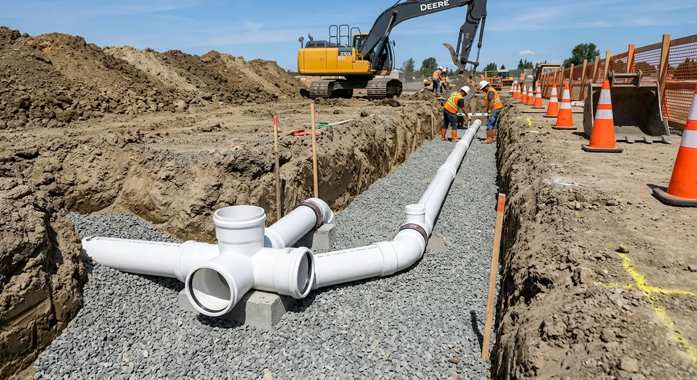 New PVC sewer pipe installation in open trench for Commercial Drain Cleaning in Oregon