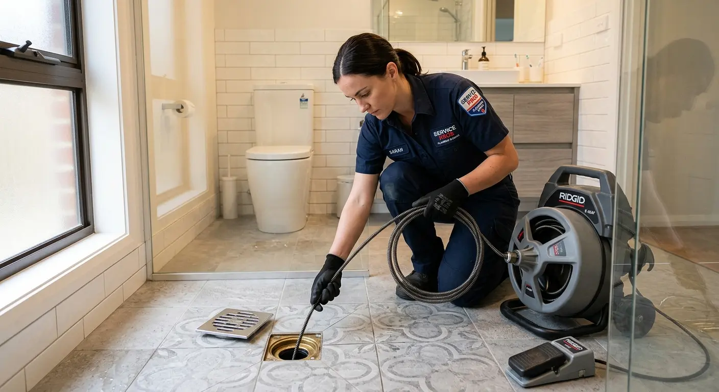 Technician clearing a bathroom floor drain for Drain Cleaning in Oregon